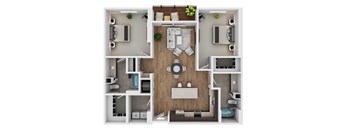 A top-down view of a small apartment layout with a kitchen, living room, and bathroom.