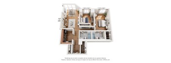 A 3D floor plan of a house with a living room, kitchen, dining room, and bathrooms.