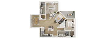 A top-down view of a house layout with a kitchen, living room, and bathrooms.