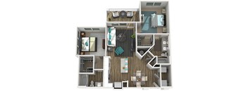 A 3D rendered image of a house layout.