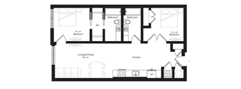 A floor plan of a house with a living and dining area, two bedrooms, two bathrooms, a kitchen, and a laundry room.