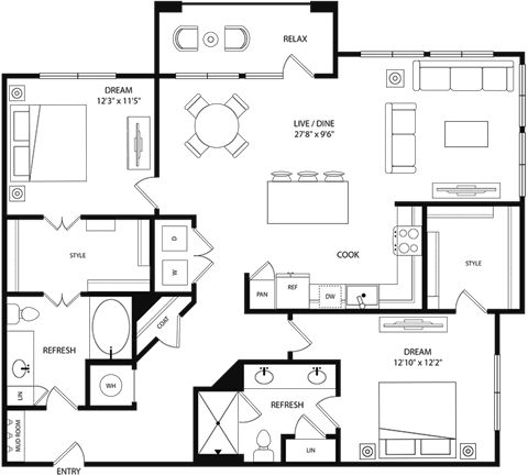 A floor plan of a house with labeled rooms such as RELAX, DREAM, and COOK.