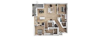 A top-down view of a house layout with a kitchen, living room, and two bedrooms.