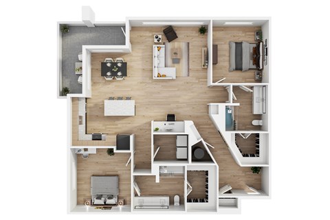 A top-down view of a house layout with a kitchen, living room, and two bedrooms.