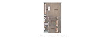 A floor plan of a house with a kitchen, two bathrooms, and two bedrooms.