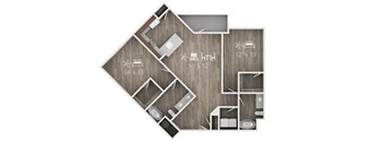 A floor plan of a house with a kitchen, living room, and two bedrooms.
