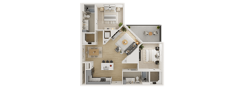 A top-down view of a house layout with a living room, kitchen, and bedrooms.