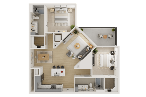 A top-down view of a house layout with a living room, kitchen, and bedrooms.