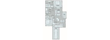 A floor plan of a house with two bedrooms, a living room, a dining room, a kitchen, a bathroom, a patio, a garage, and a closet.
