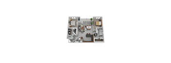 A top-down view of a house interior with a kitchen, living room, and dining area.