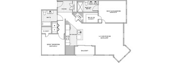 A black and white floor plan of a house with a living room, dining room, kitchen, and two bedrooms.