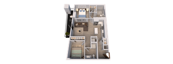 A 3D floor plan of a house with two bedrooms, a living room, a kitchen, and a bathroom.