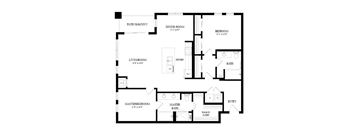 A black and white floor plan of a house with a patio balcony, living room, dining room, kitchen, master bedroom, and bath.