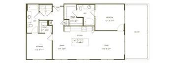 A floor plan of a house with a balcony, bathroom, and kitchen.