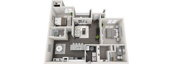 A 3D floor plan of a house showing the layout of the rooms.