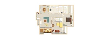 A floor plan of an apartment with a kitchen, living room, and two bedrooms.
