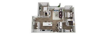 A 3D floor plan of a small apartment with a kitchen, living room, and bedroom.
