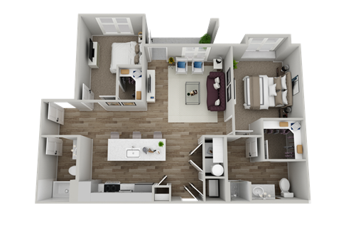 A 3D floor plan of a small apartment with a kitchen, living room, and bedroom.