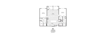 A floor plan for a B5 apartment includes two bedrooms, two bathrooms, a kitchen, and a living room.