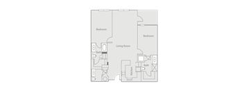 A floor plan of a small apartment with two bedrooms, a living room, a kitchen, and two bathrooms.
