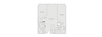 A floor plan of a house with two bedrooms, a living room, a kitchen, and two bathrooms.