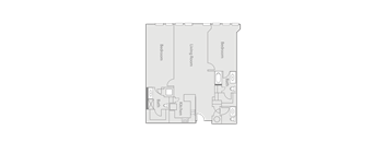A floor plan of a small apartment with two bedrooms, a living room, a kitchen, and two bathrooms.