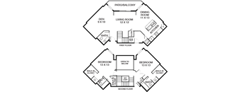 A floor plan of a house with a dining room, living room, kitchen, and two bedrooms.