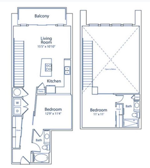 A floor plan of a two-story house with a balcony, living room, kitchen, and two bedrooms.