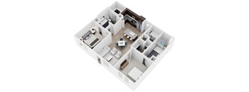 A 3D floor plan of a house with a kitchen, living room, and bedrooms.