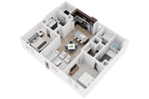 A 3D floor plan of a house with a kitchen, living room, and bedrooms.