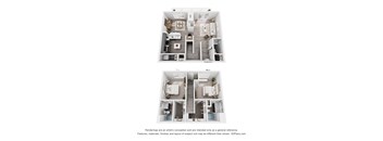 A floor plan of a two-story apartment with a living room, kitchen, and bedrooms.