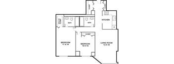 A floor plan of a house with two bathrooms, two bedrooms, a living room, a kitchen, and closets.