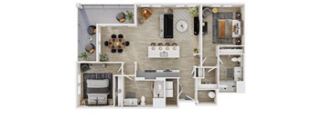A top-down view of a well-organized apartment with a kitchen, living room, and bathroom.