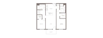 A floor plan of a house with a living room, two bedrooms, a bathroom, a kitchen, a walk-in closet, and a balcony.