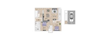 A floor plan of a house with a kitchen, living room, and bathroom.