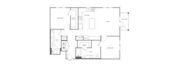 A floor plan of a house with a living room, two bedrooms, a bathroom, a pantry, and a balcony.