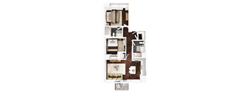 A floor plan of a house with a kitchen, living room, and bathroom.