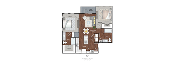 A detailed layout of apartment B2 with two bedrooms, a living room, kitchen, bathroom, and laundry area.