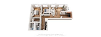 A 3D floor plan of a small apartment with a kitchen, living room, and bedroom.