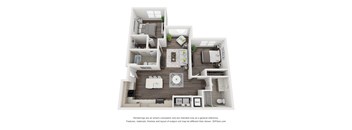 A 3D floor plan of a house with a kitchen, living room, and two bedrooms.