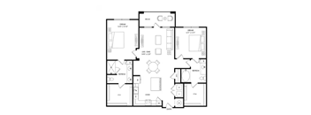 A black and white floor plan of a house with two bedrooms, a living room, a kitchen, a bathroom, and a dining area.