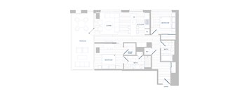 A floor plan of a house with a living room, kitchen, bedrooms and bathrooms.