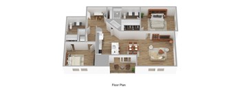A floor plan of a house with various rooms and furniture layouts.