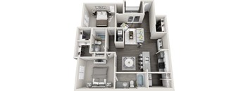 A 3D floor plan of a small apartment with a kitchen, living room, and bedrooms.