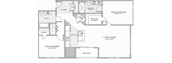 A floor plan of a home with a master bedroom, a guest bedroom, a living/dining area, and a balcony.