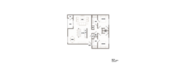 A floor plan of a two-bedroom apartment with a living room, kitchen, dining room, and bathroom.