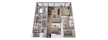 A 3D floor plan of a house with multiple rooms and furniture.
