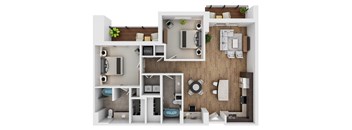 A 3D floor plan of a house with labeled rooms.