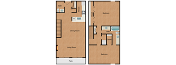 two photos of a floor plan showing the living room and dining room