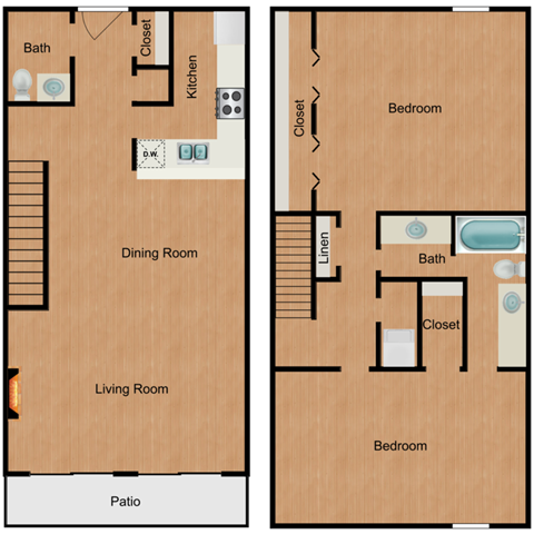 two photos of a floor plan showing the living room and dining room